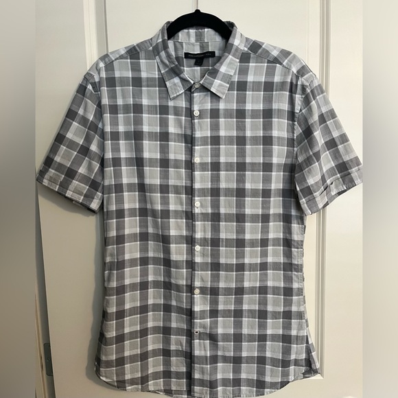 John Varvatos Grey Checked Shirt Sleeve Button Down Shirt Size Large - Picture 1 of 5